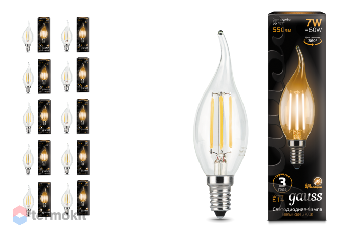 Лампа светодиодные Gauss LED Filament Candle tailed E14 7W 2700К 1/10/50, 10 шт.