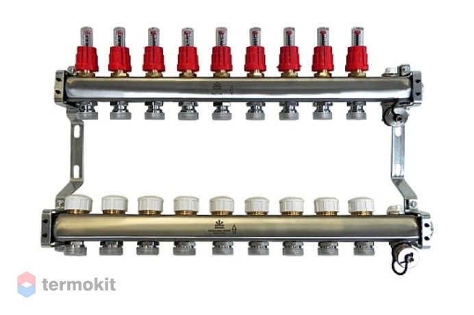 Gekon Коллекторный блок для теплого пола с расходомерами и термостатическими клапанами и ручными воздухоотводчиками 1"x 3/4" на 9 вых.