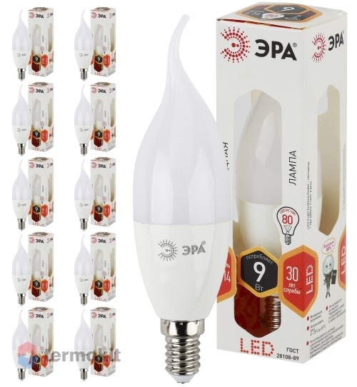 Лампа светодиодная ЭРА LED BXS-9W-827-E14 диод, свеча на ветру, 9Вт, тепл, E14, 10 шт