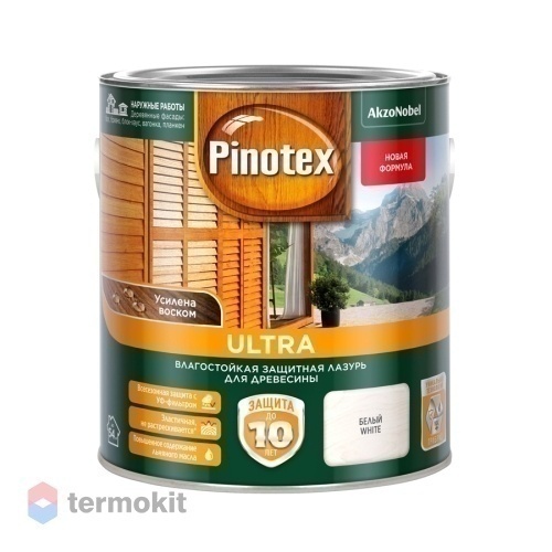 Pinotex Ultra,Влагостойкая защитная лазурь для древесины, с воском, белая, 2,7л
