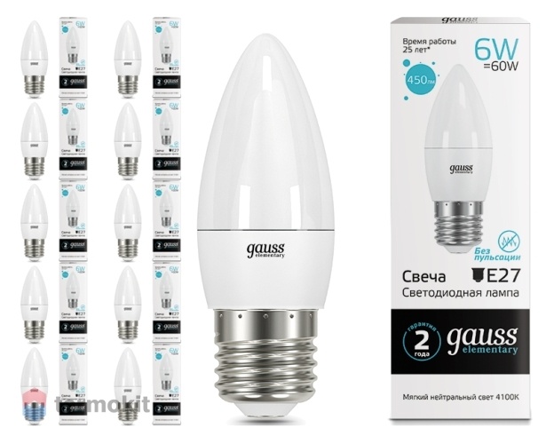Лампа светодиодная Gauss LED Elementary свеча E27 6W 4100K 1/10/50, 10 шт.