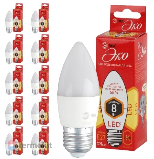 Лампа светодиодная ЭРА ECO LED B35-8W-827-E27 диод, свеча, 8Вт, тепл, E27, 10 шт
