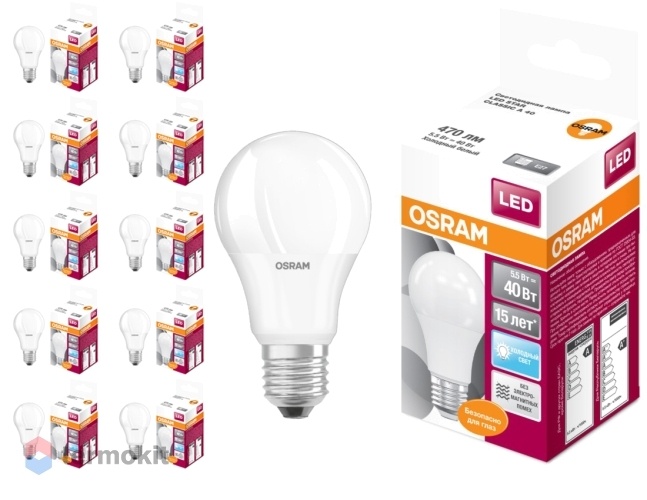 Лампа светодиодная Osram LED груша A40 E27 6W 865 220-240V FR, 10 шт.