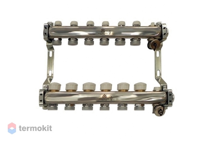 Gekon Коллекторный блок с термостатическими клапанами и ручными воздухоотводчиками 1"x 3/4" на 6 вых.
