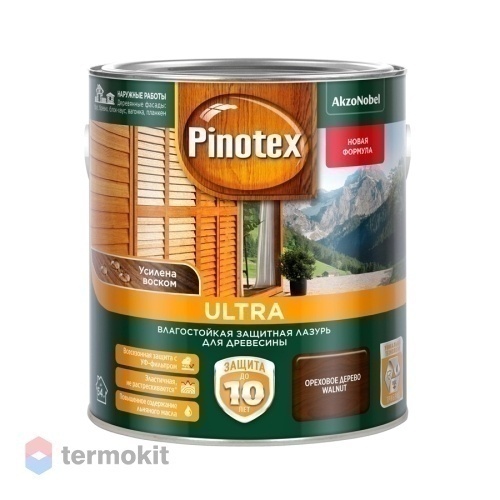Pinotex Ultra,Влагостойкая защитная лазурь для древесины, с воском, орех, 2,7л