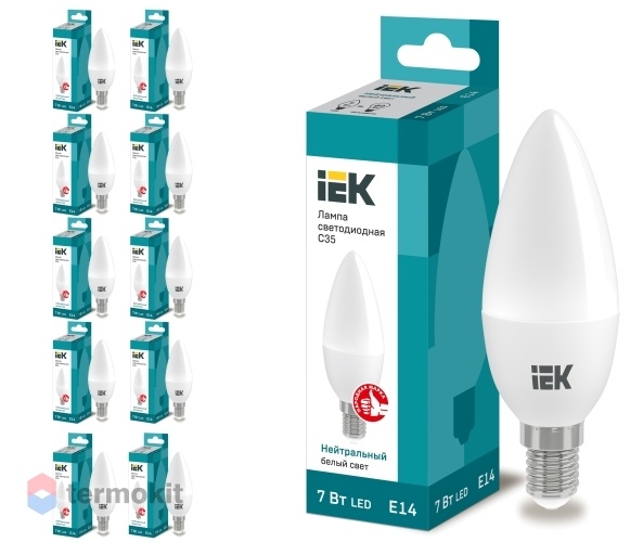 Лампа светодиодная IEK ECO C35 свеча 7Вт 230В 4000К E14, 10 шт.