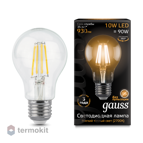 Лампа Gauss LED Filament A60 E27 10W 2700К 1/10/40, 5 шт.