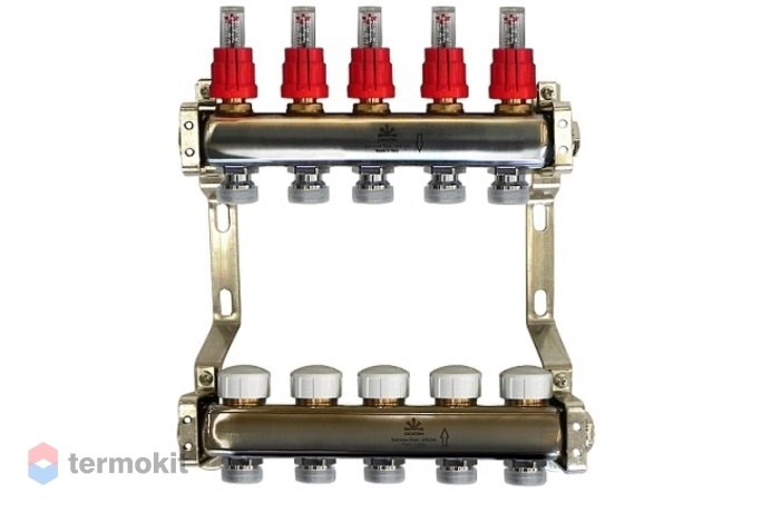 Gekon Коллекторный блок для теплого пола с расходомерами и термостатическими клапанами 1"x 3/4" на 5 вых.