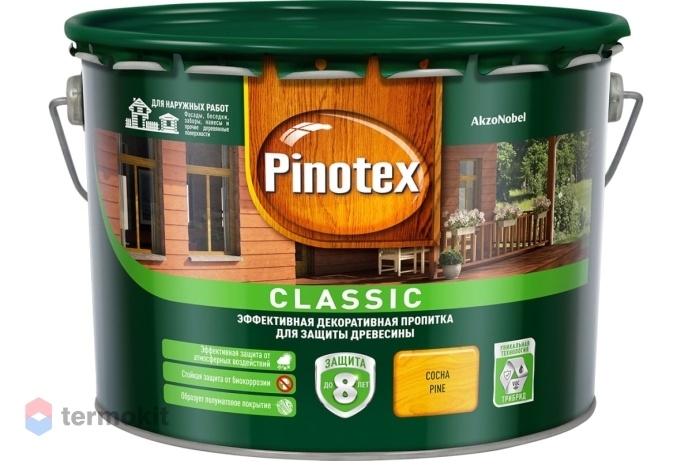 Pinotex Classic NW Декоративная пропитка для защиты древесины, сосна, 9л