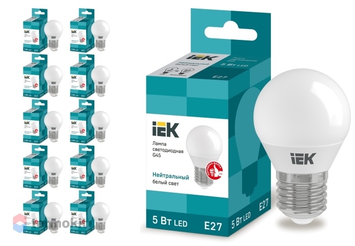 Лампа светодиодная IEK ECO G45 шар 5Вт 230В 4000К E27, 10 шт.