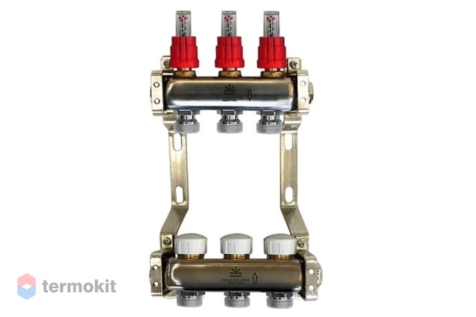 Gekon Коллекторный блок для теплого пола с расходомерами и термостатическими клапанами 1"x 3/4" на 3 вых.