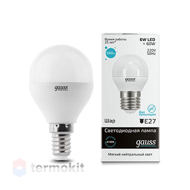 Лампа Gauss LED Elementary G45 E14 6W 4100K, 5 шт