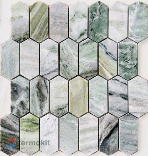 Мозаика Caramelle Mosaic Pietrine Hexagonal Onice Verde oliva Pol Long Hex (3,8x8,6) 27,8x30,4
