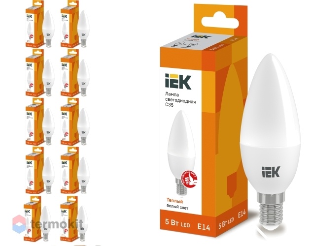 Лампа светодиодная IEK ECO C35 свеча 5Вт 230В 3000К E14,10 шт.