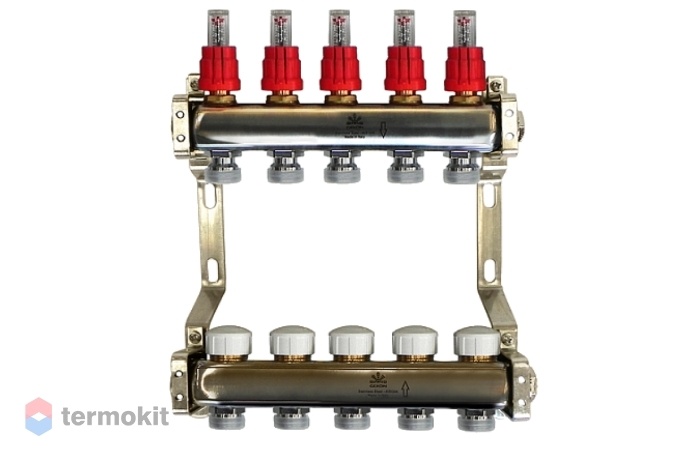 Gekon Коллекторный блок с расходомерами и термостатическими клапанами и ручными воздухоотводчиками 1"x 3/4" на 5 вых.