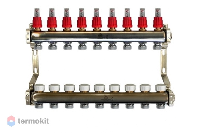 Gekon Коллекторный блок для теплого пола с расходомерами и термостатическими клапанами 1"x 3/4" на 9 вых.