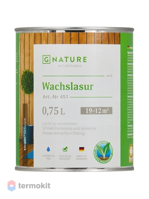 GNature 451, Wachslasur Краска - лазурь для деревянных поверхностей с пчелиным воском, для внутренних работ, матовая, белая база 0,75 л