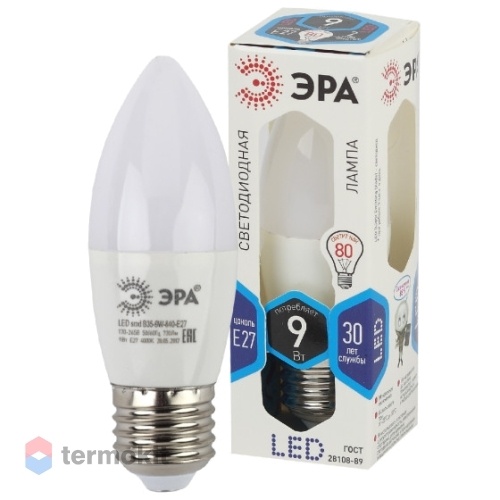 Лампа светодиодная ЭРА LED B35-9W-840-E27 диод, свеча, 9Вт, нейтр, E27