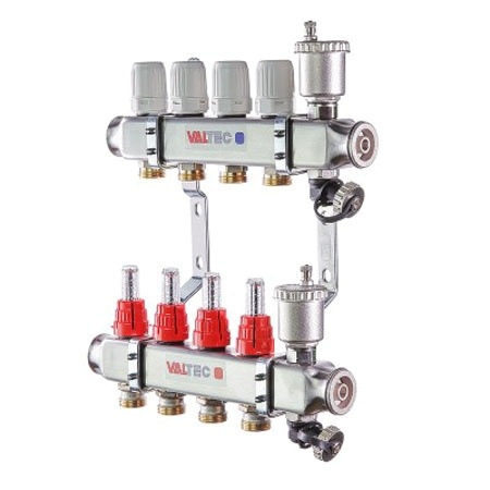 Коллекторный блок Valtec 1" x 3/4", "евроконус" из нержавеющей стали со встроенными расходомерами на 6 контуров