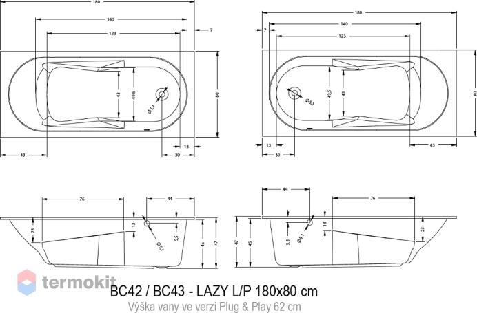 Акриловая ванна RIHO LAZY L 1800x800 BC4300500000000