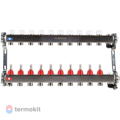 Коллектор из нержавеющей стали Rommer RMS 1201 с расходомерами, 10 вых.