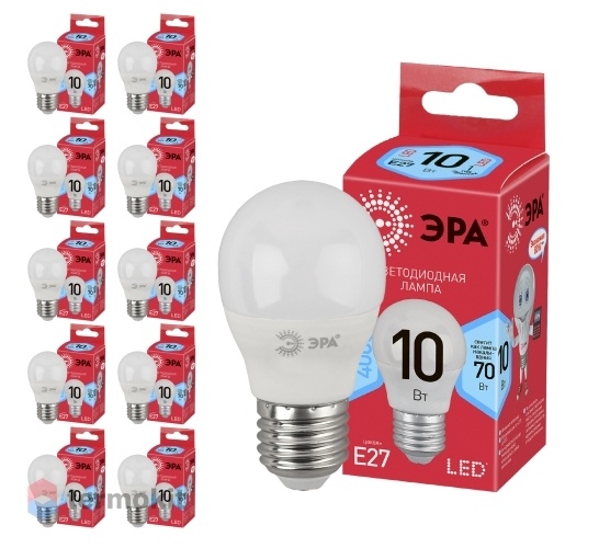 Лампа светодиодная ЭРА ECO LED P45-10W-840-E27 диод, шар, 10Вт, нейтр, E27, 10 шт