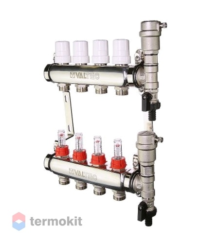 Коллекторный блок Valtec 1" x 3/4", "евроконус" с термостатическими клапанами и расходомерами на 4 контура