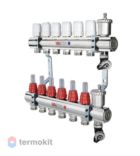 Коллекторный блок Valtec 1" x 3/4", "евроконус" со встроенными расходомерами на 8 контуров