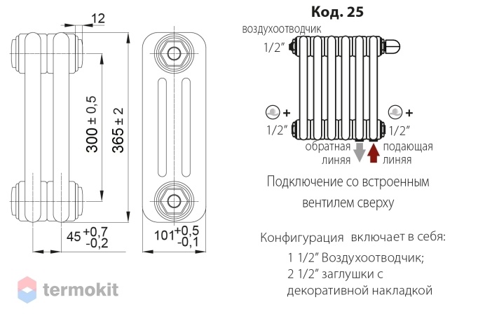 Стальной трубчатый радиатор Irsap Tesi 3 0365 10 секций с нижней подводкой №25, 1/2''