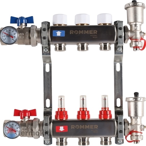 Коллектор из нержавеющей стали Rommer RMS 1210 с расходомерами, 3 вых.
