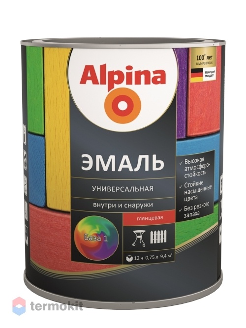 Эмаль алкидная Alpina Эмаль универсальная глянцевая, База 1, 0,75 л