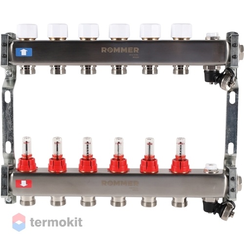 Коллектор из нержавеющей стали Rommer RMS 1201 с расходомерами, 6 вых.