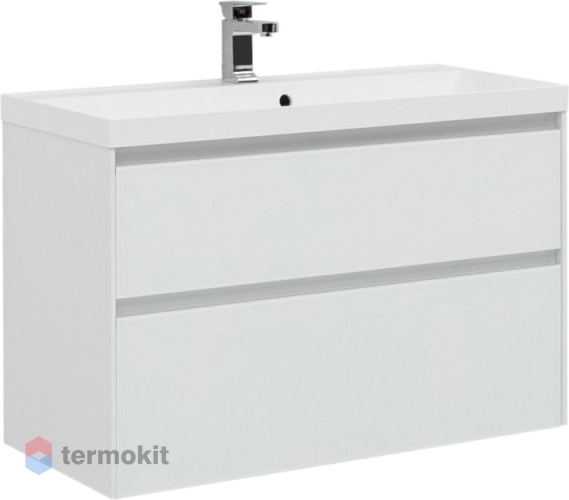 Тумба с раковиной Aquanet Гласс 100 Напольная/подвесная белый глянец 00242526