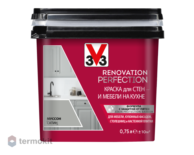V33 Renovation Perfection Краска для стен и мебели на кухне: дерево, МДФ, ламинат, пластик, плитка, цвет Муссон, 0,75 л
