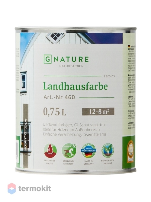 GNature 460, Landhausfarbe Краска для деревянных фасадов на основе масел и смол с УФ фильтром и антисептиком, бесцветная база 0,75 л