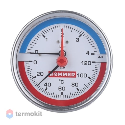 ROMMER Термоманометр аксиальный в комплекте с запорным клапаном. Корпус Dn 80 мм 1/2 , 0...120°C, 0-4 бар.
