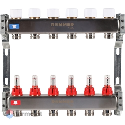 Коллектор из нержавеющей стали Rommer RMS 1200 с расходомерами, 6 вых.