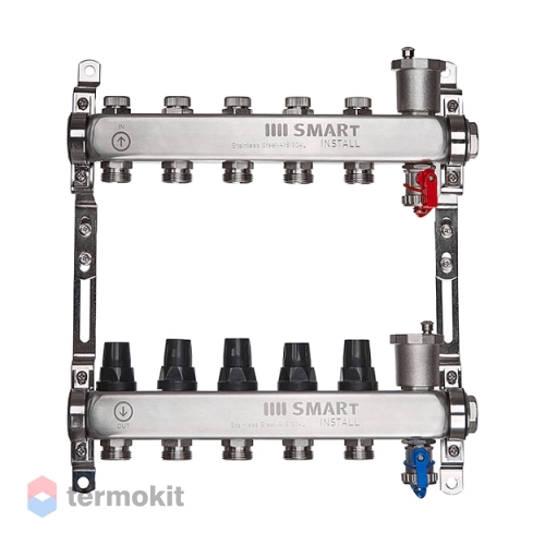Smart Install Комплект коллекторов, нерж. ст., с термостатическими клапанами, 1"х3/4"-4 вых.