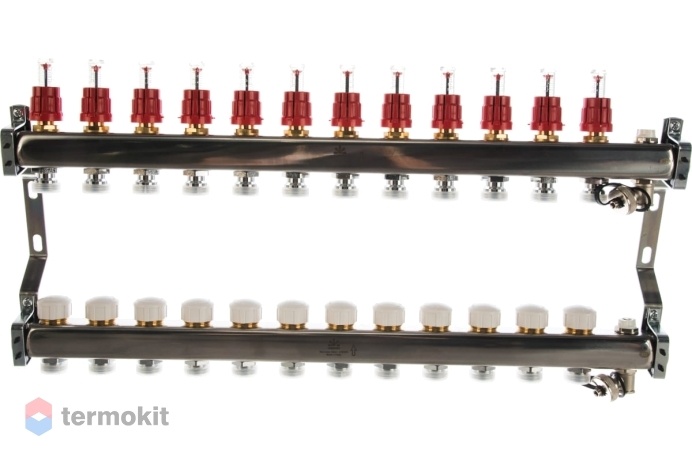 Gekon Коллекторный блок для теплого пола с расходомерами и термостатическими клапанами и ручными воздухоотводчиками 1"x 3/4" на 12 вых.