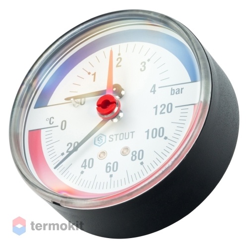 STOUT Термоманометр аксиальный в комплекте с автоматическим запорным клапаном. Корпус Dn 80 мм 1/2" 0-4 бар 120С
