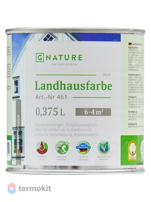 GNature 461, Landhausfarbe Краска для деревянных фасадов на основе масел и смол с УФ фильтром и антисептиком, белая база 0,375 л