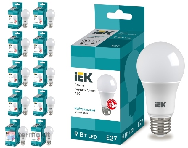 Лампа светодиодная IEK ECO A60 шар 9Вт 230В 4000К E27,10 шт.
