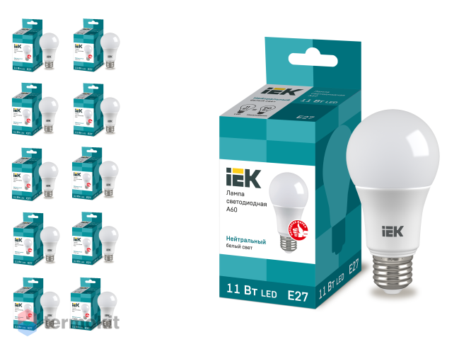 Лампа светодиодная IEK ECO A60 шар 11Вт 230В 4000К E27, 10 шт.