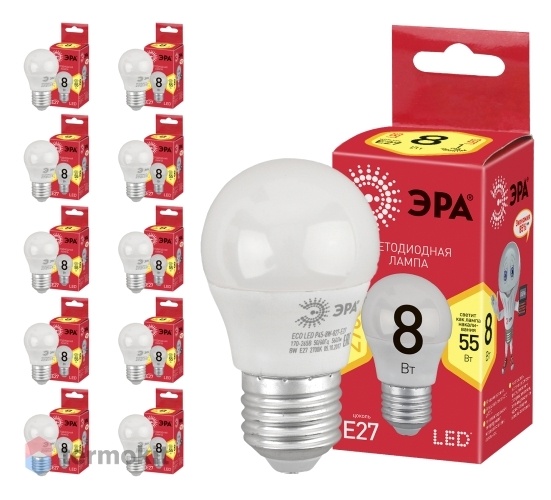 Лампа светодиодная ЭРА ECO LED P45-8W-827-E27 диод, шар, 8Вт, тепл, E27, 10 шт