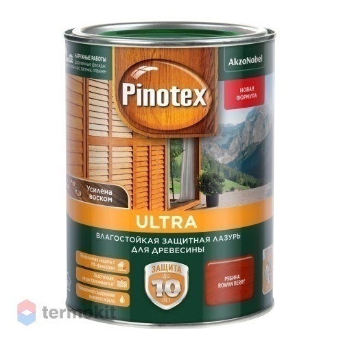 Pinotex Ultra,Влагостойкая защитная лазурь для древесины, с воском, рябина, 1л