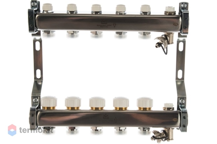 Gekon Коллекторный блок с термостатическими клапанами и ручными воздухоотводчиками 1"x 3/4" на 5 вых.