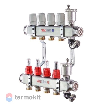 Коллекторный блок Valtec 1" x 3/4", "евроконус" из нержавеющей стали со встроенными расходомерами на 9 контуров