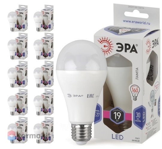 Лампа светодиодная ЭРА LED A65-19W-860-E27 диод, груша, 19Вт, хол, E27, 10 шт