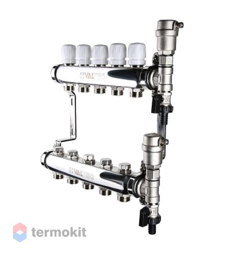 Коллекторный блок Valtec 1" x 3/4", "евроконус" с термостатическими клапанами на 5 контуров