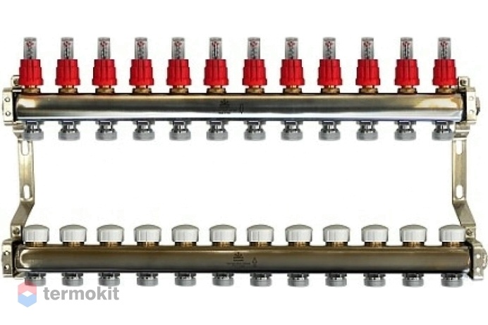 Gekon Коллекторный блок для теплого пола с расходомерами и термостатическими клапанами 1"x 3/4" на 12 вых.